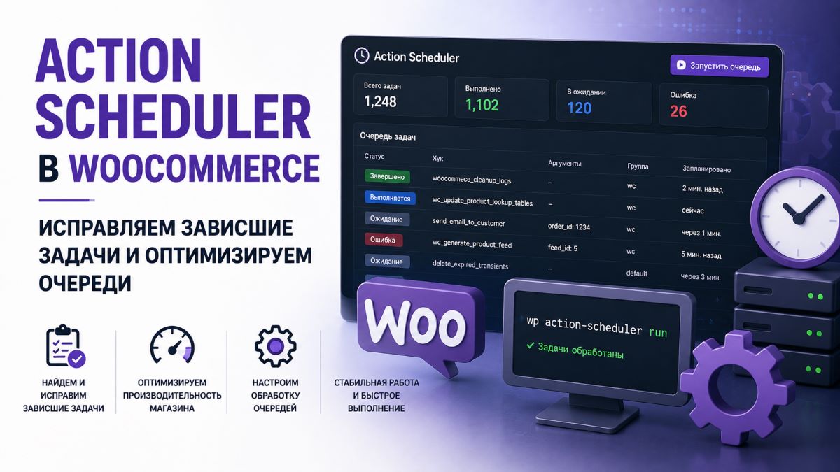 Диагностика Action Scheduler в WooCommerce — терминал с выводом статуса очереди и очисткой старых задач